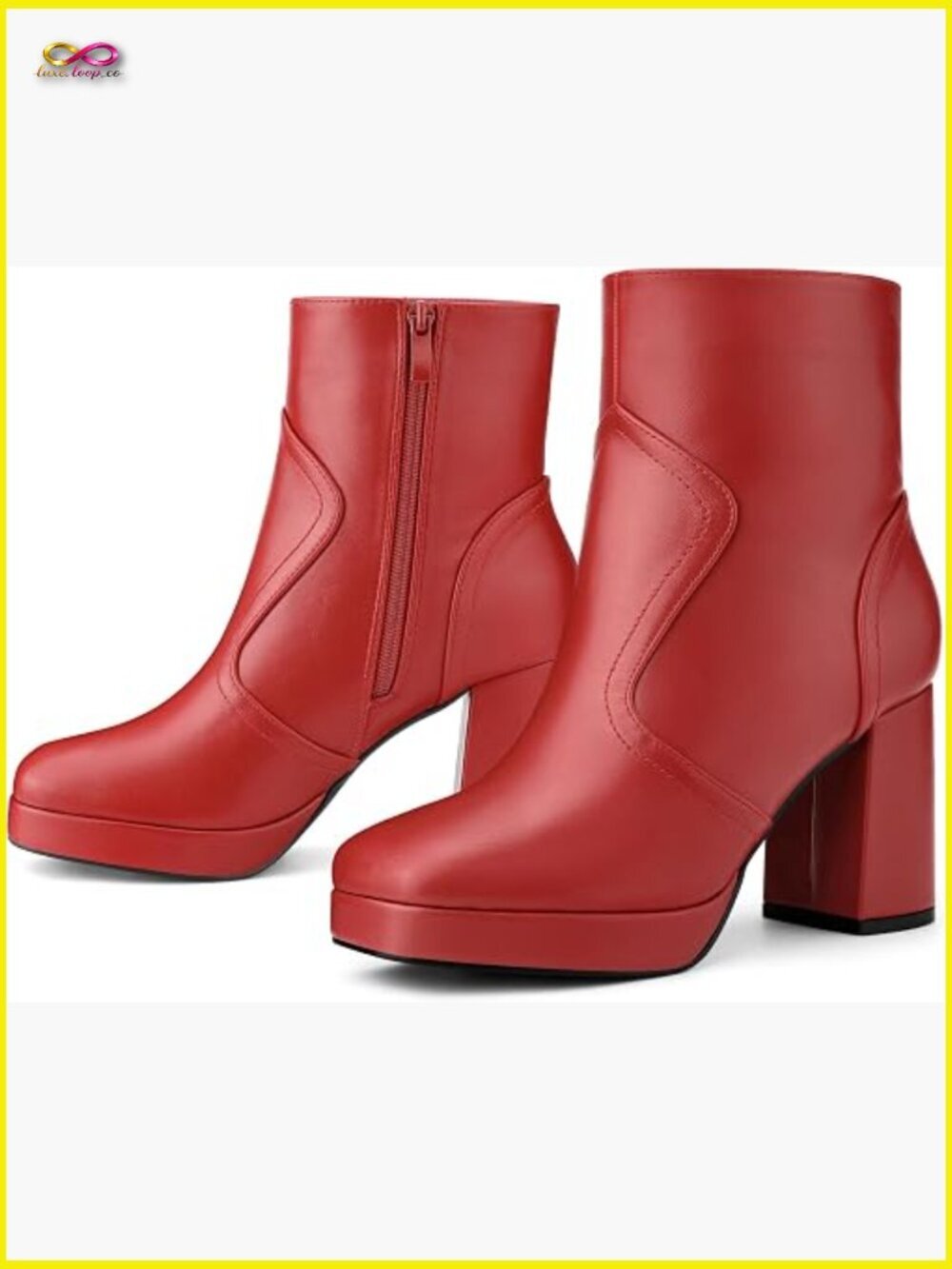 Squared Toe Platform Chunky Heels Ankle Boots Block Heel Faux Leather Zip